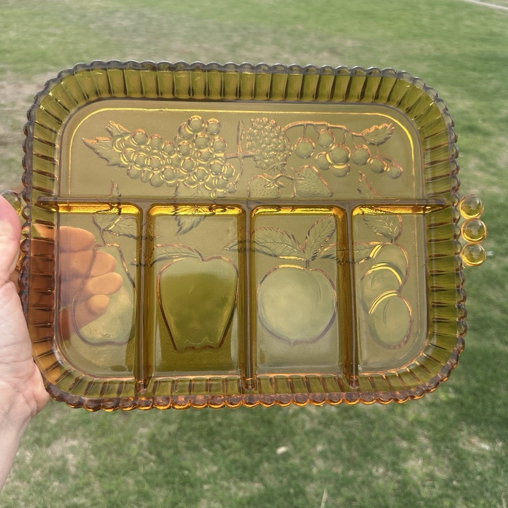 Amber Indiana Glass Divided Serving Tray Fruit Relish Carnival Glass 16x10" Vtg